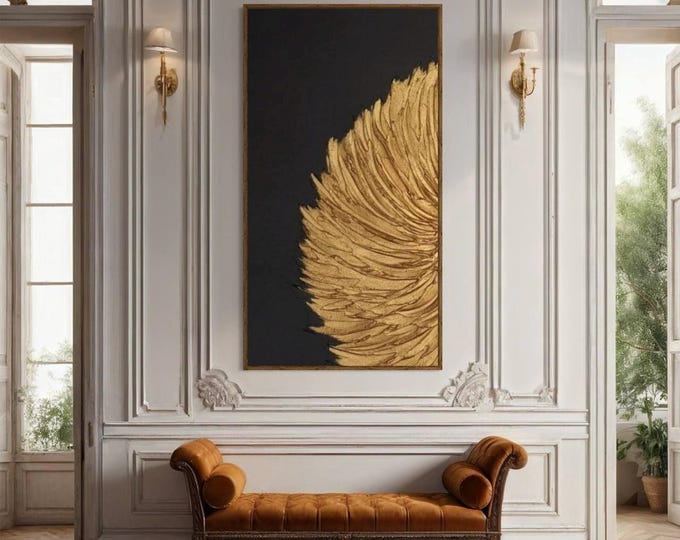 Large Black & Gold Abstract Painting: 3D Texture Canvas Wall Art