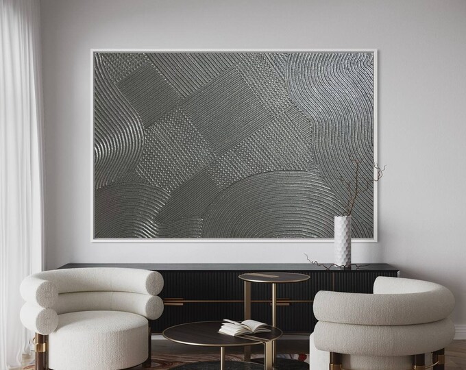 Large Silver Textured Wall Art Abstract Plaster Painting 3D Handmade Canvas