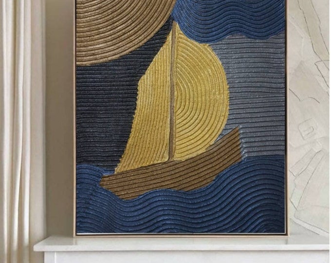 Textured Sailboat Painting, Blue Gold Plaster Art, Modern Coastal Wall Decor