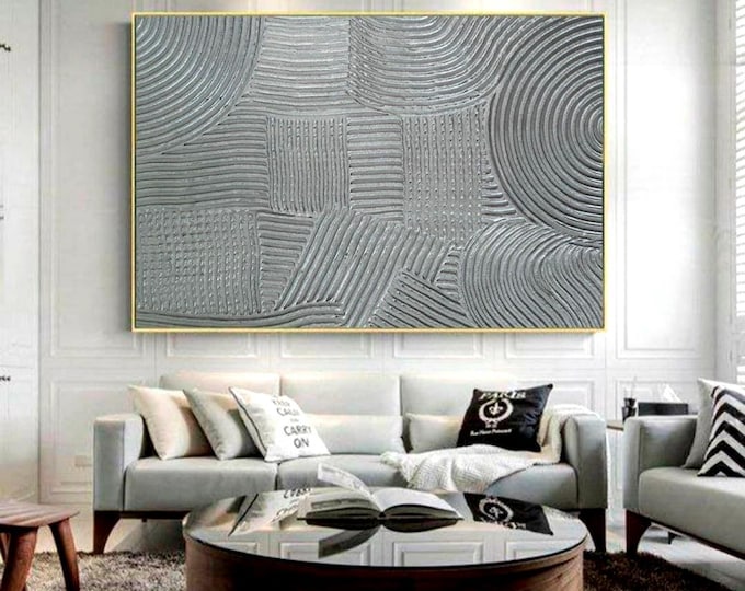 Silver Textured Painting, Large Abstract Plaster Canvas Wall Art