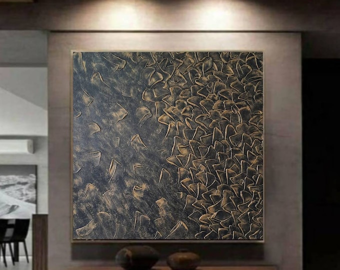 Large Black and Bronze Textured Painting: 3D Abstract Plaster Wall Art Handmade Canvas