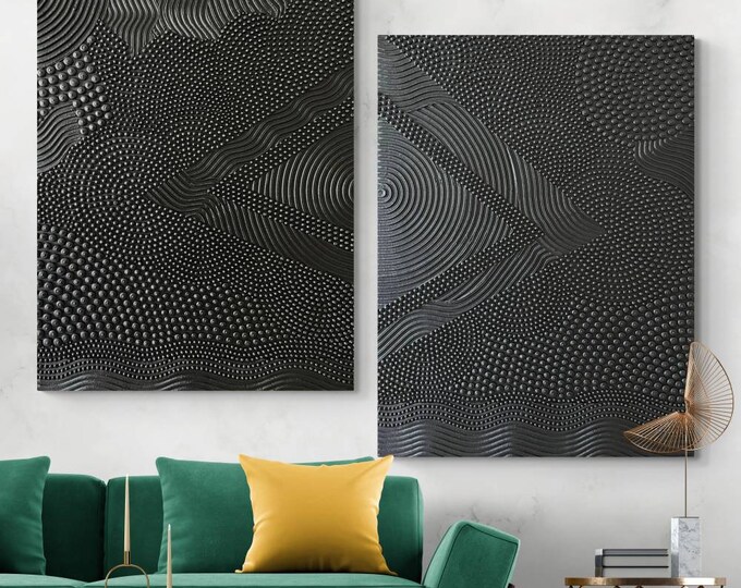 Textured Black Abstract Painting Set: 3D Minimalism Wall Art