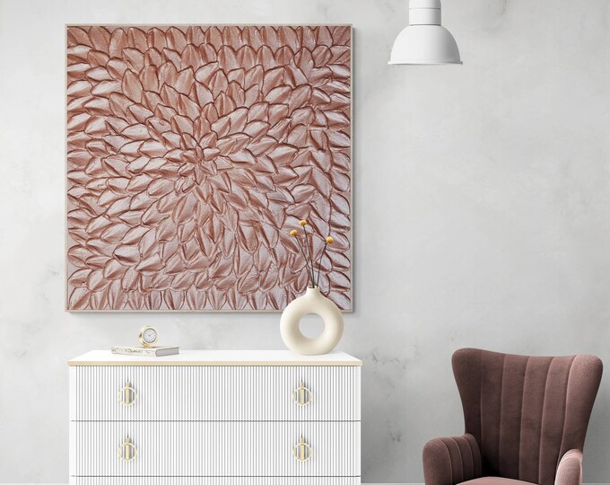 Oversized Rose Gold 3D Texture Painting: Blush Pink Metallic Wall Art Plaster Canvas