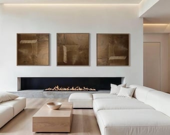 Textured Bronze Abstract Triptych Wall Art, Geometric Gold Canvas Decor