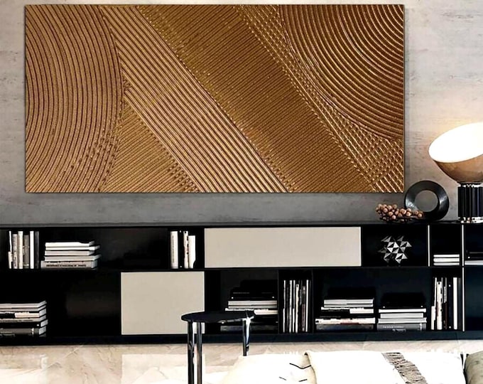 Large Bronze Textured Abstract Painting: 3D Plaster Brass Wall Art Handmade Canvas