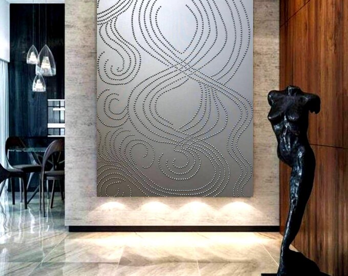 Silver Abstract 3D Dot Painting, Large Textured Plaster Wall Art