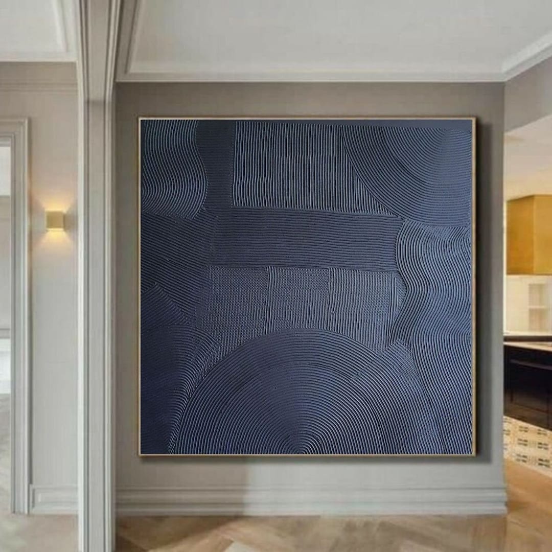 Large Navy Blue Abstract Painting: Textured Monochrome Canvas Wall Art ...