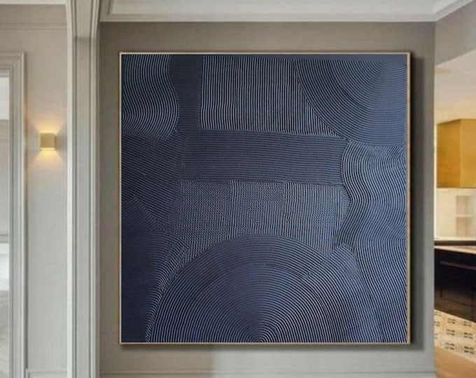Oversized Navy Blue Textured Wall Art, 3D Abstract Painting on Canvas