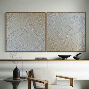 Large White 3D dots Plaster Wall Art Set: Abstract Leaves Textured Painting