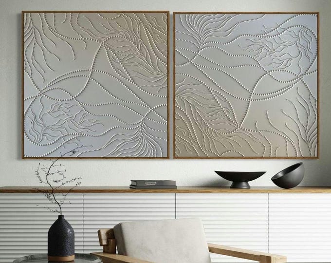 Large White 3D dots Plaster Wall Art Set: Abstract Leaves Textured Painting