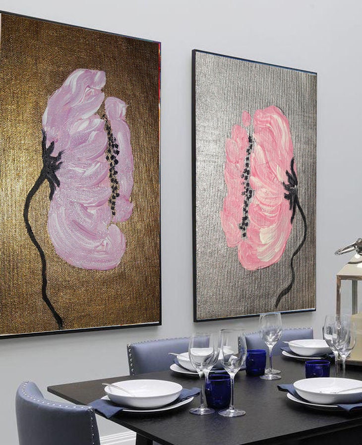 Large Gold Silver Painting Set of 2 Abstract Floral Wall Art Etsy