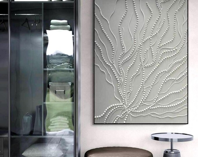 Large Textured Wall Art White Abstract Branch Painting 3d Dot Modern Original Handmade Canvas