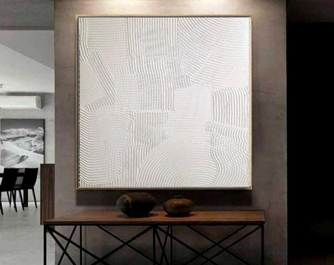 Large White Textured Wall Art Oversized Abstract 3D Painting Handmade Plaster Canvas Neutral Home Decor