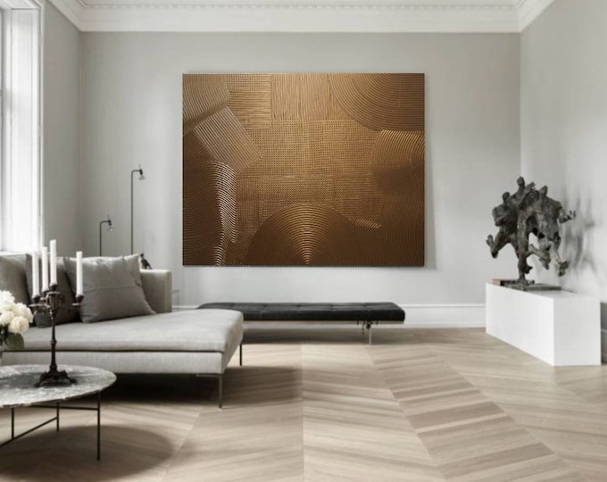Extra Large 3D Textured Abstract Wall Art: Bronze Metallic Modern Handmade Painting