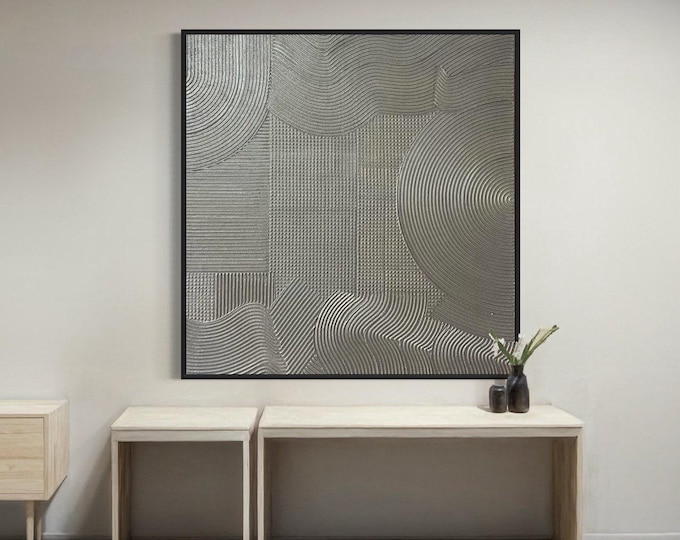 Large Silver 3D Texture Painting: Abstract Metallic Plaster Wall Art