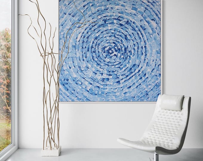 Oversize Abstract Canvas Painting: Blue White Water Swirl Art