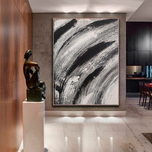 Dipinto acrilico astratto in bianco e nero extra large su tela