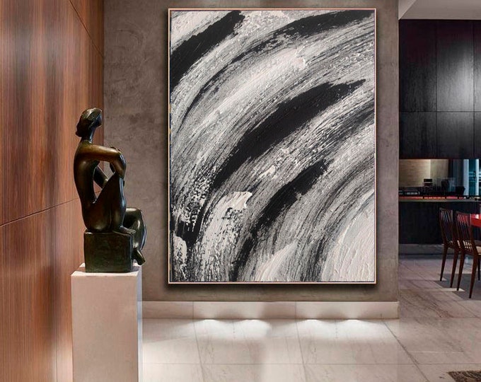 Extra Large Black & White Abstract Wall Art Acrylic Painting on Canvas