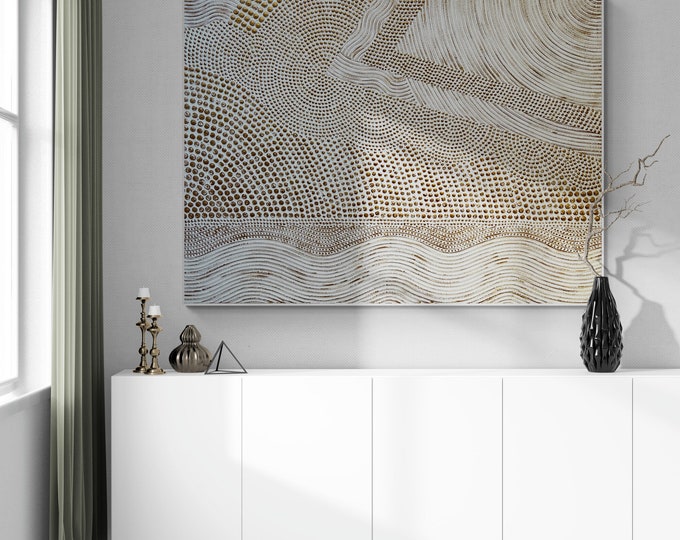 Textured Abstract Wall Art: White Bronzed Plaster Painting on Canvas