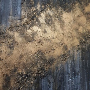 May include: Abstract painting with a textured, layered look. The background is dark blue with streaks of white and gray. The foreground is a diagonal band of gold with a rough, textured surface.