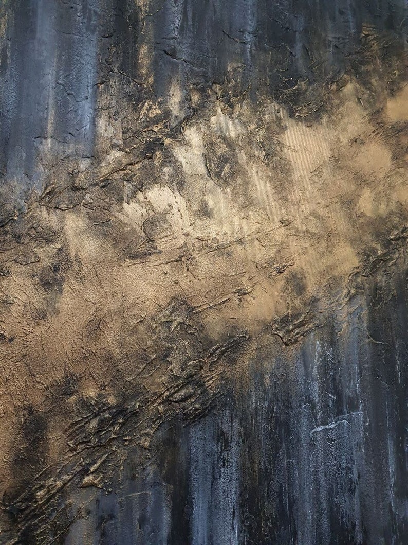 May include: Abstract painting with a textured, layered look. The background is dark blue with streaks of white and gray. The foreground is a diagonal band of gold with a rough, textured surface.