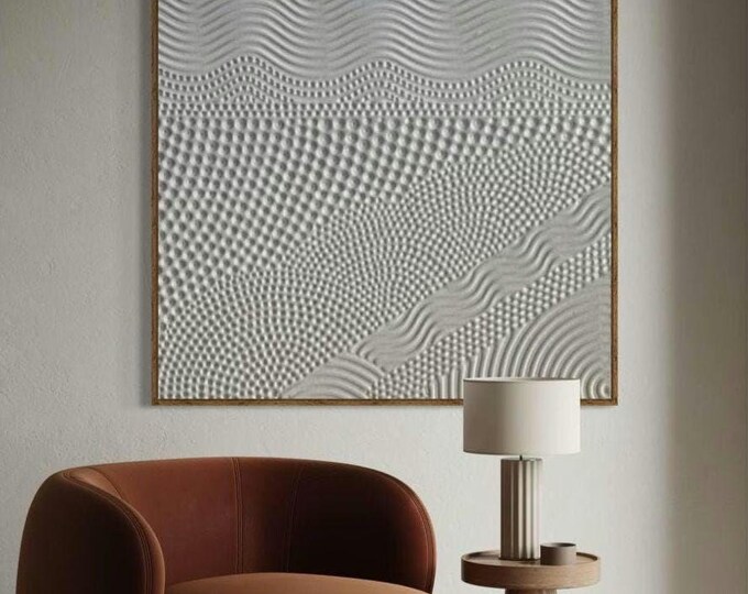 Large White Textured Wall Art Abstract 3D Dot Painting Monochrome Plaster Handmade Canvas Wall Decor