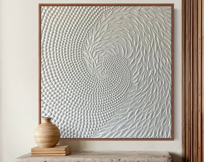 Large 3D textured white abstract wall art, modern minimalist spiral painting 34”x34”, contemporary neutral home decor