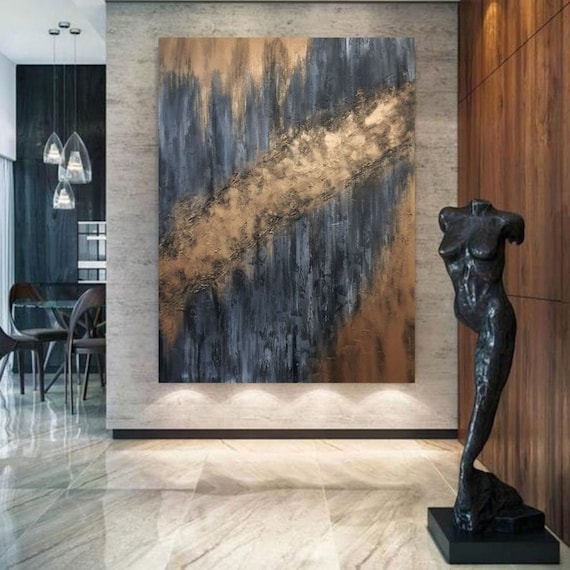 Black & Gold Abstract Art Canvas: Rich Texture, Modern Loft Style