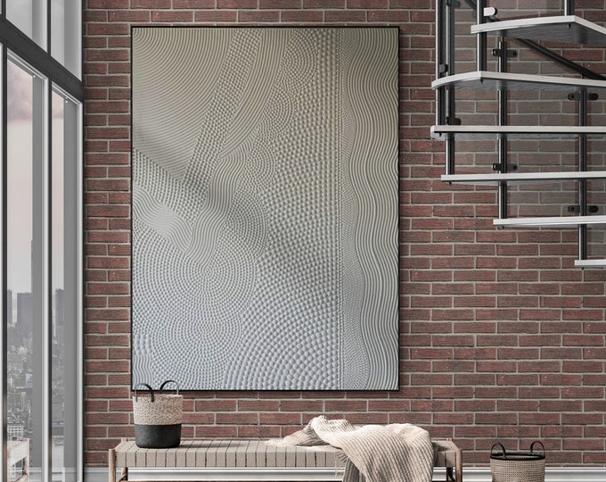 Oversized White 3D Textured Abstract Painting: Modern Pointillism Wall Art