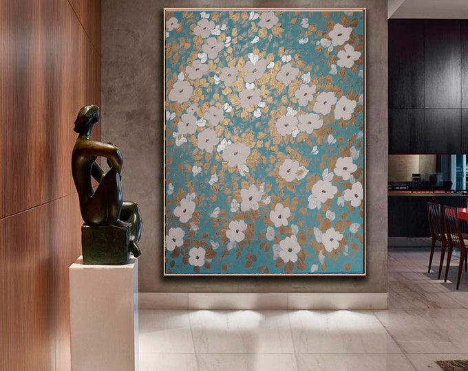 Oversize Floral Canvas Painting: White Flowers, Gold & Silver Leaf