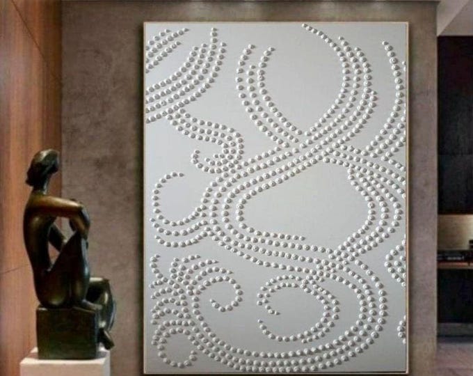Large White Textured Wall Art Oversized Abstract Painting 3d Dot Plaster Original Canvas Neutral Home Decor