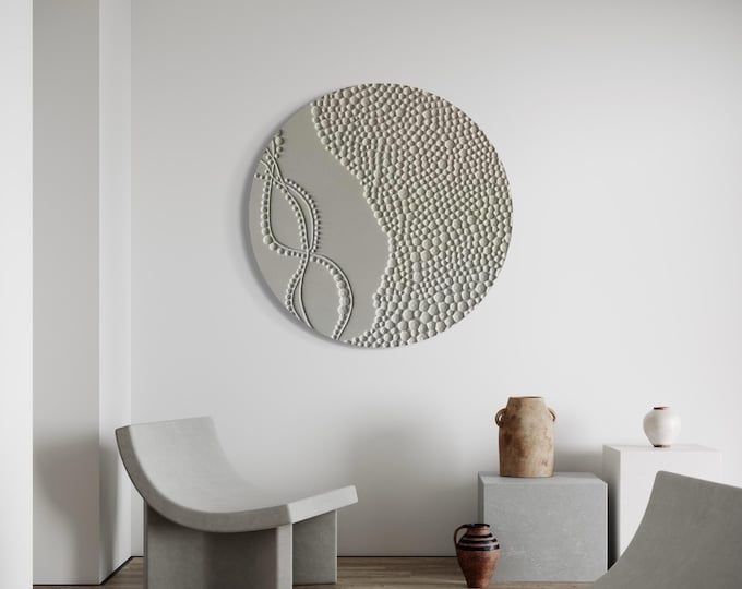 Round abstract textured wall art, neutral minimalist white wall decor modern handmade canvas