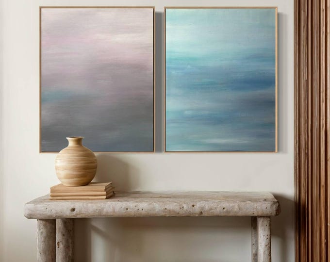Oversized Abstract Seascape Painting Set: Blue Gray Calm Wall Art