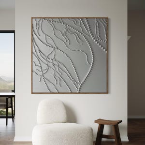 Pintura de textura branca extra grande: pontos 3D abstratos, decoração de parede minimalista