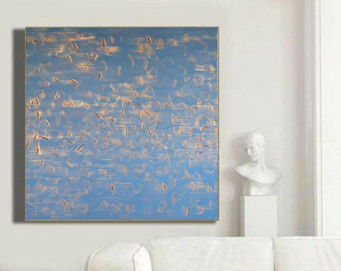 Blue Grey Abstract Painting: Gold Accent Texture, Modern Canvas Art