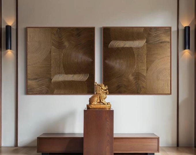 Extra Large Bronze Patina 3D Plaster Art Set: Textured Abstract Painting