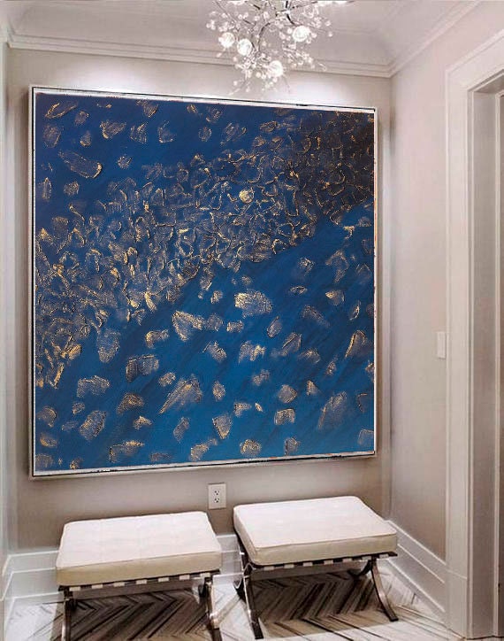 Large Painting Blue Texture Gold Accent Oversize Abstract Wall Etsy