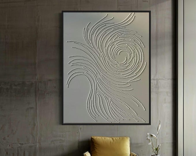 Oversized White Abstract Textured Wall Art 3D Dots Painting: Large Minimalist Neutral Modern Canvas