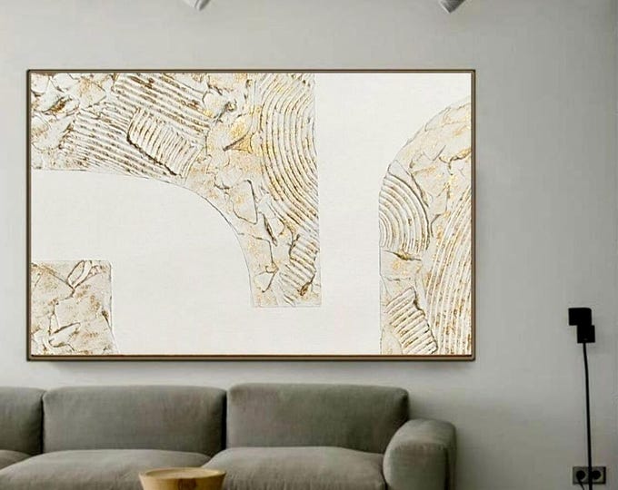 Large White & Gold Abstract 3D Textured Painting Modern Plaster Wall Art Handmade Canvas