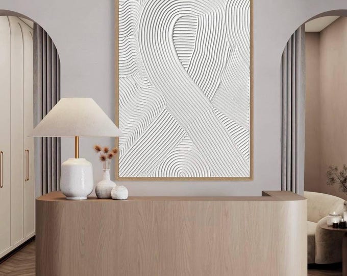 Large Textured Wall Art Oversized White Abstract Painting Plaster 3D Limes Monochrome Handmade Canvas