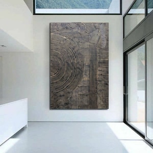 Textured 3D Lines Painting: Black Bronze Metallic Abstract Canvas Art