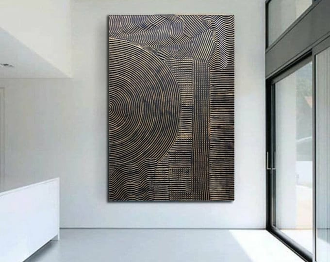 Large Textured Wall Art Plaster 3D Painting: Black Bronze Abstract Handmade Canvas