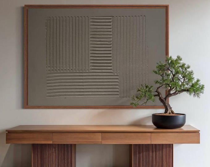 Large Textured Wall Art Abstract 3D Plaster Painting: Beige Handmade Canvas