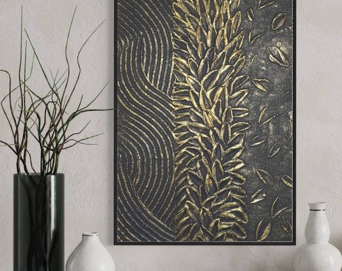 Large 3D Textured Abstract Painting Black & Gold Canvas Plaster Wall Art