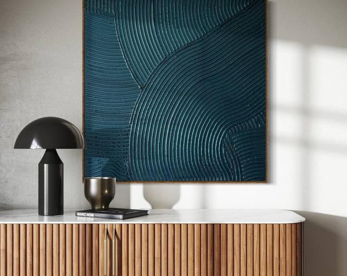 Large Abstract Plaster Wall Art: Blue Green Metallic 3D Texture (32"x32")