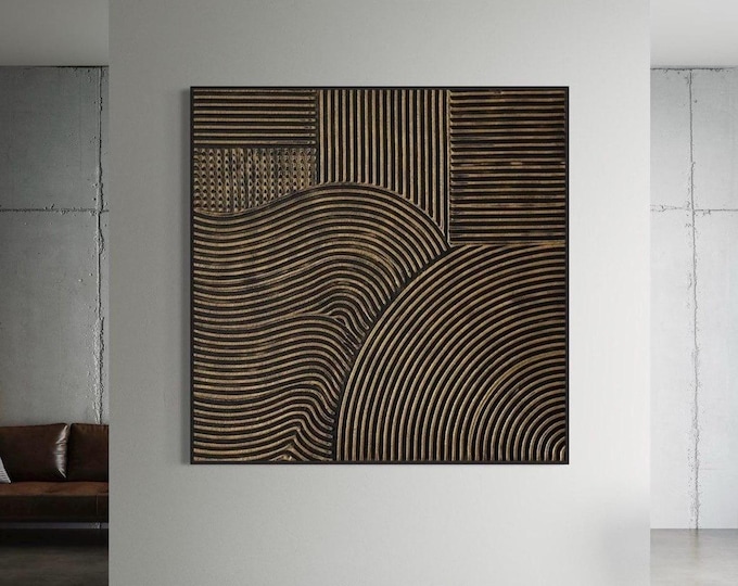 Large Black Gold Textured Wall Art Oversized Abstract Plaster 3D Painting Geometric Handmade Canvas