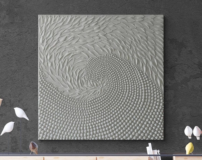 Extra Large Abstract Textured Wall Art Decor: Modern Spiral 3D Plaster Handmade Canvas