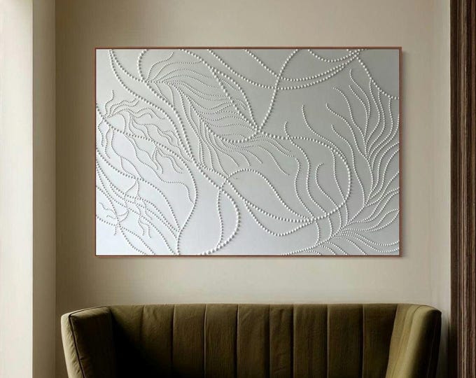 Large White Textured Wall Art: Abstract Tree Branch 3D Painting Plaster Handmade Canvas Home Decor