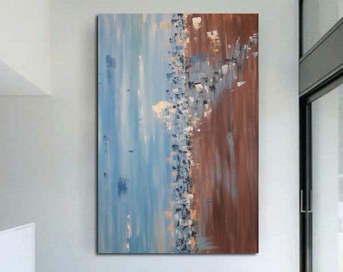 Oversized Abstract Canvas Painting: Blue Brown Textured Wall Art