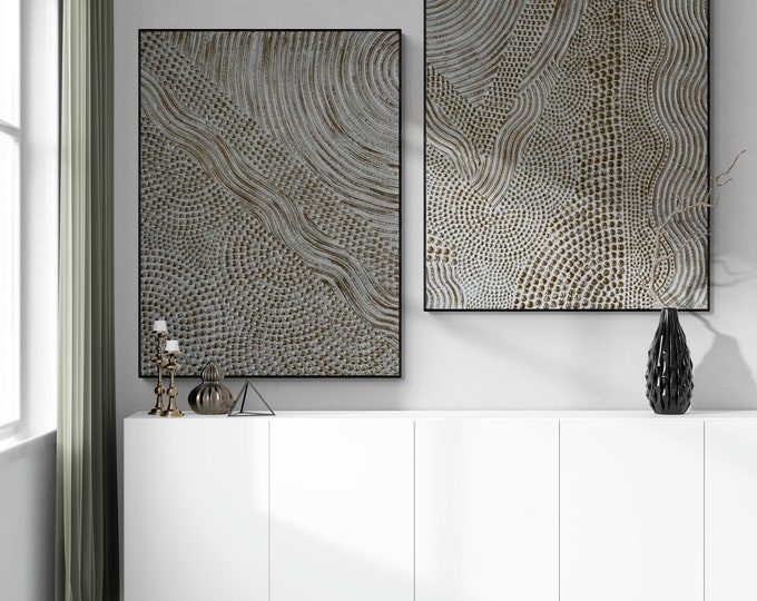 Oversize 3D Texture Painting Set: White Gold Abstract Wall Art